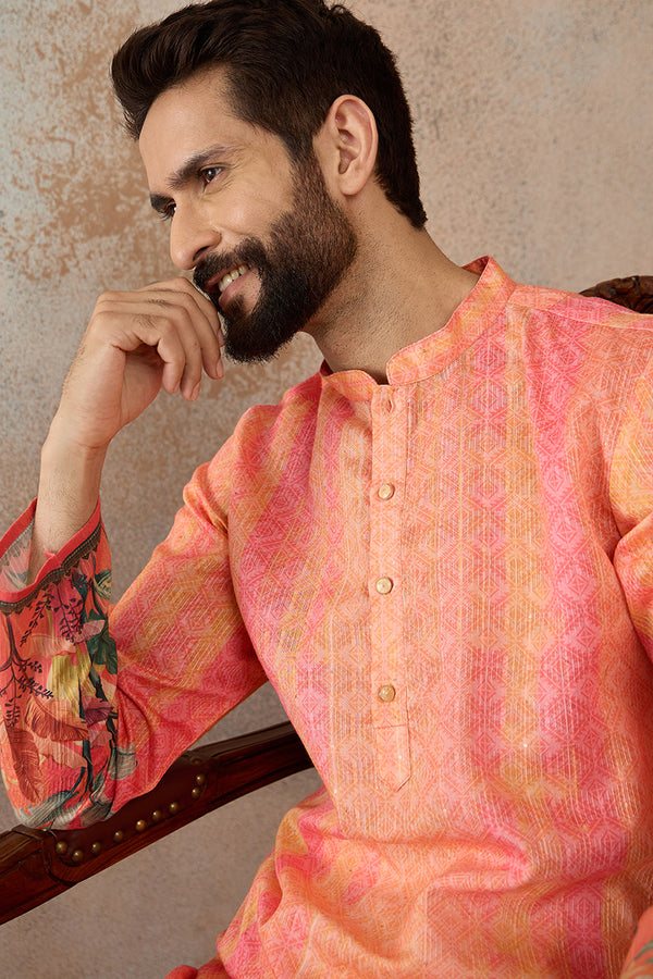Orange Silk Blend Ethnic Motifs Printed Straight Kurta with Trousers  MKSET2369