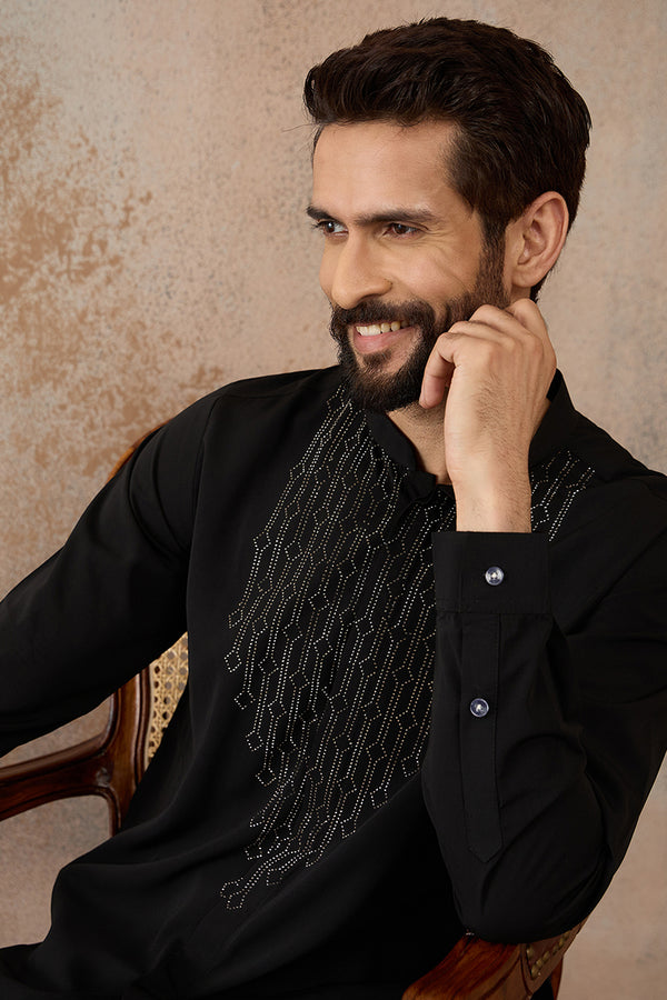 Black Silk Blend Ethnic Motifs Printed Kurta With Trouser MKSET2392