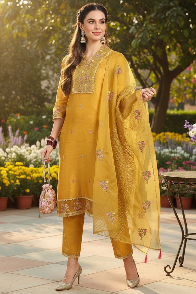 Mustard Yellow Silk Blend Floral Embroidered Straight Suit Set PKSKD2240