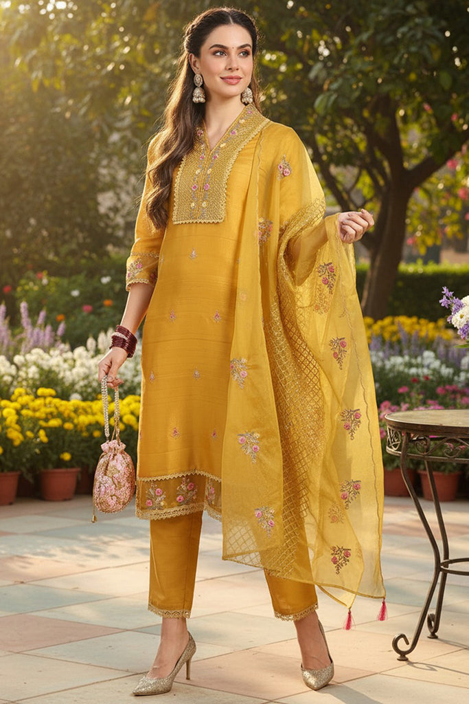Mustard Yellow Silk Blend Floral Embroidered Straight Suit Set PKSKD2240