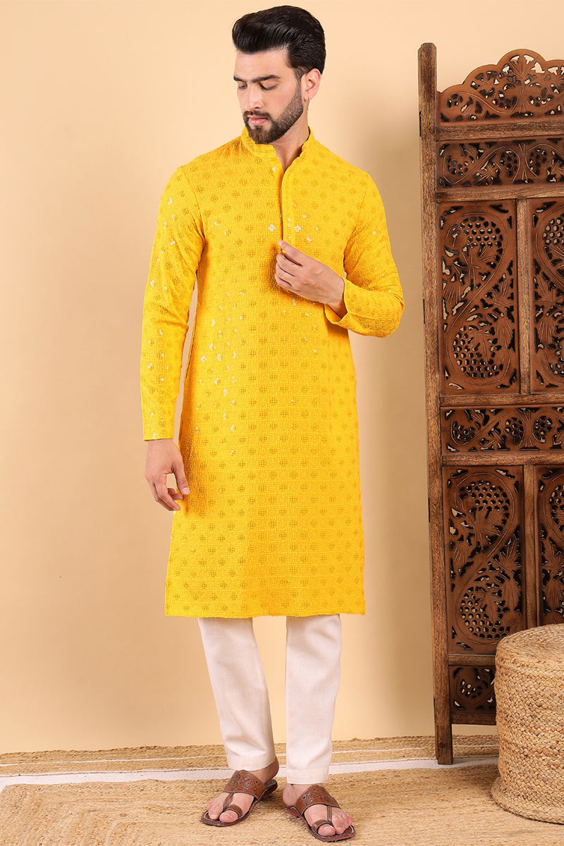 Yellow Viscose Rayon Solid Embroidered Straight Kurta with Trousers MKSET1010YLW