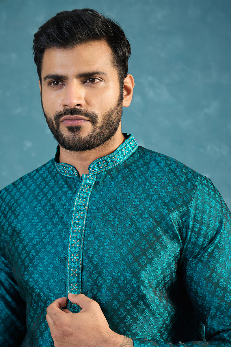 Teal Silk Blend Woven Design Straight Kurta MKU1838