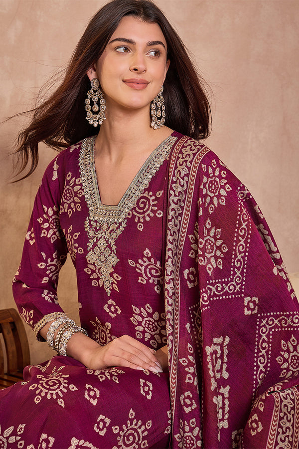 Purple Floral Printed Kurta With Trousers And Dupatta PKSKD3228
