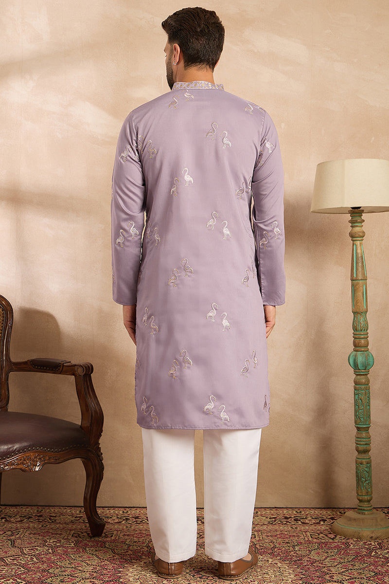 Lavender Silk Blend Solid Embroidered Straight Kurta With Trouser MKSET1815