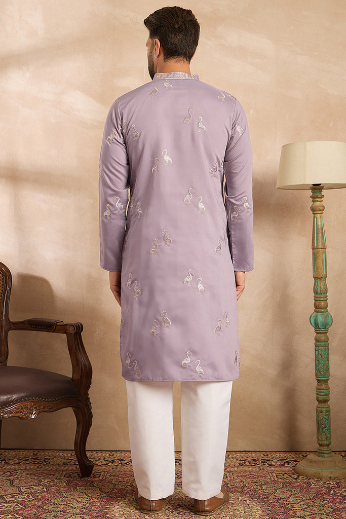 Lavender Silk Blend Solid Embroidered Straight Kurta With Trouser MKSET1815