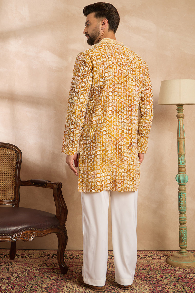 Yellow Viscose Rayon Batik Embroidered Straight Kurta With Trouser MKSET1656