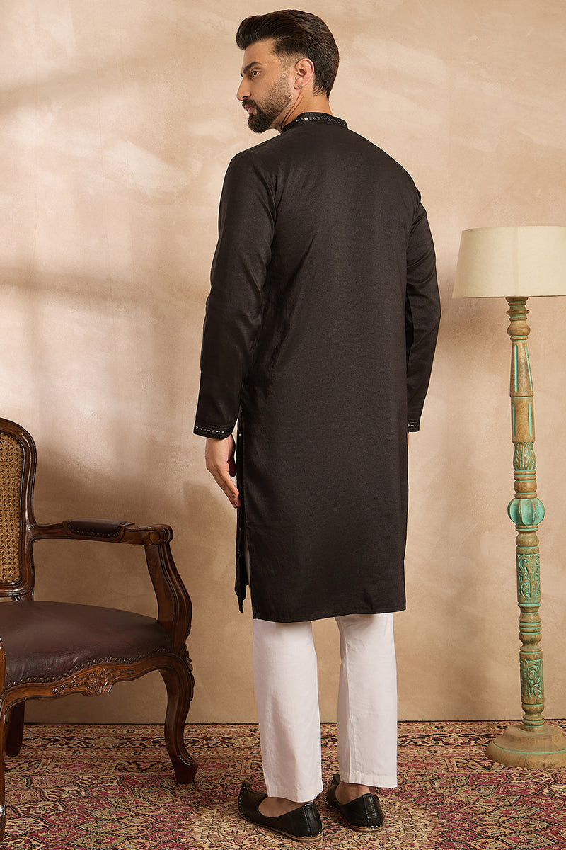 Black Silk Blend Geometric Embroidered Straight Kurta MKU1689