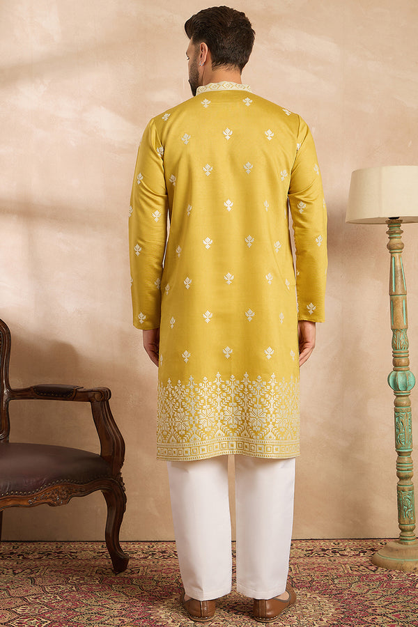 Yellow Polyester Solid Embroidered Straight Kurta With Trouser MKSET1809