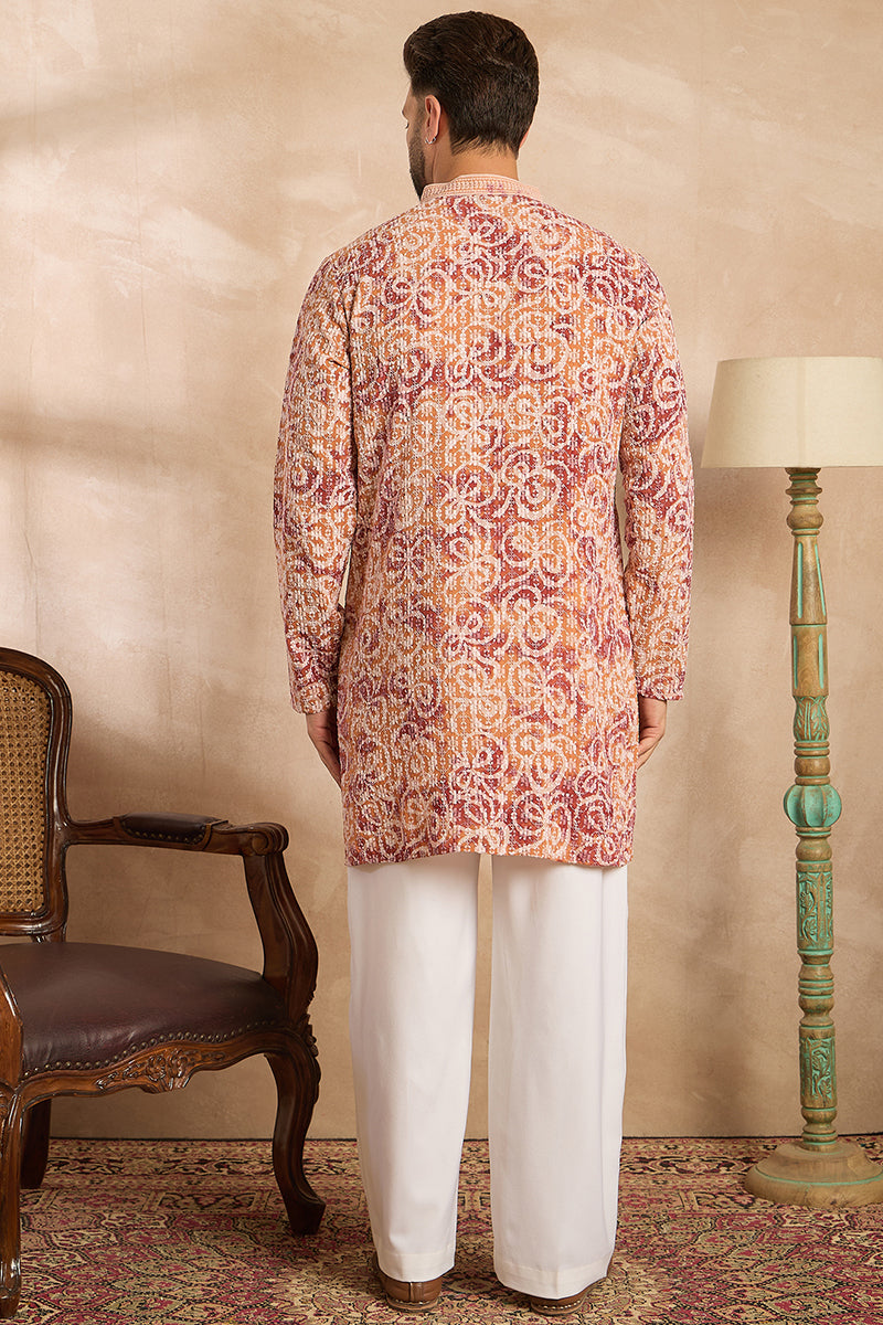 Orange Viscose Rayon Batik Embroidered Straight Kurta MKU1719