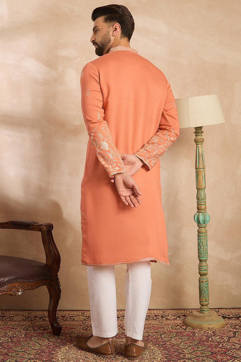 Peach Vartican Solid Embroidered Straight Kurta With Trouser MKSET1935