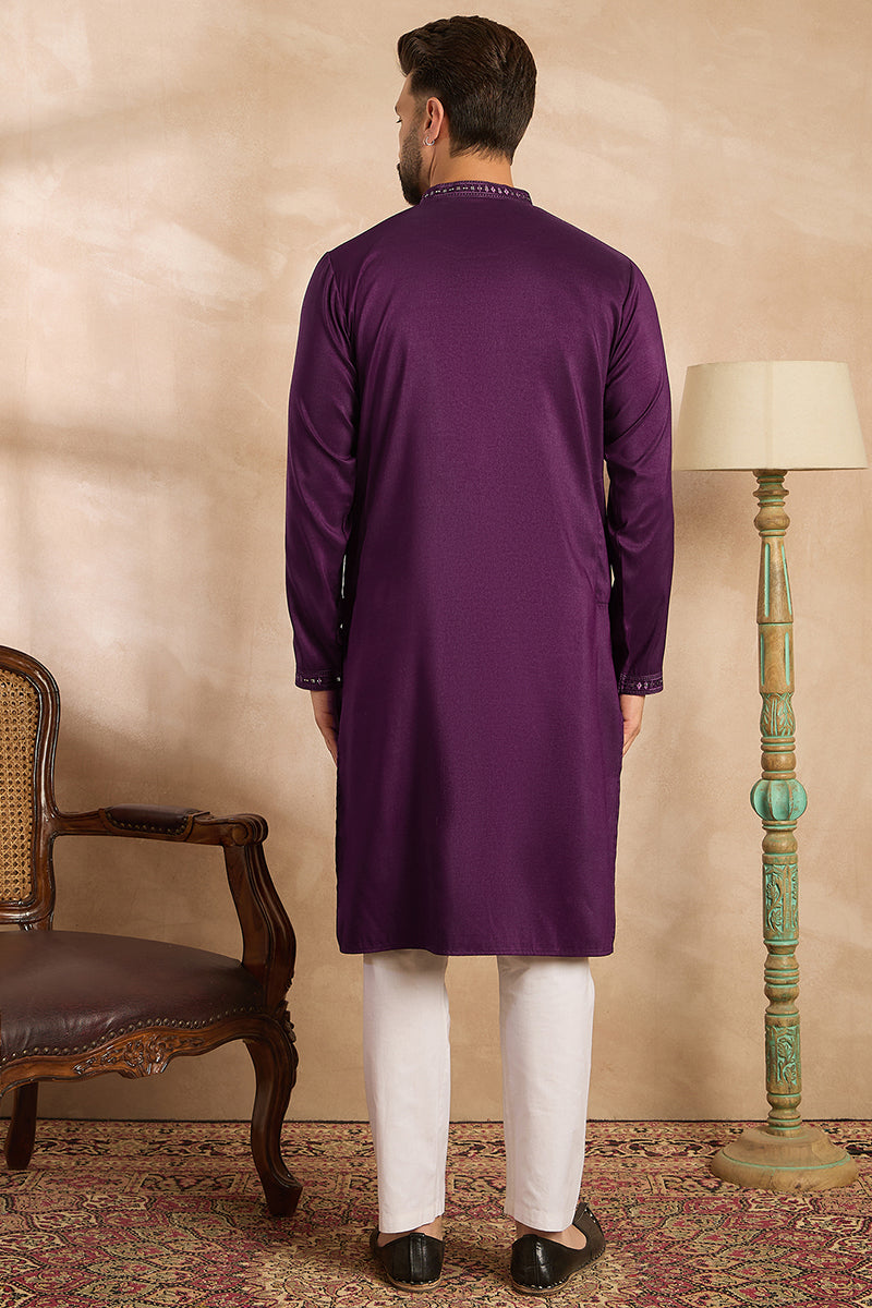 Purple Silk Blend Geometric Embroidered Straight Kurta With Trouser MKSET1687