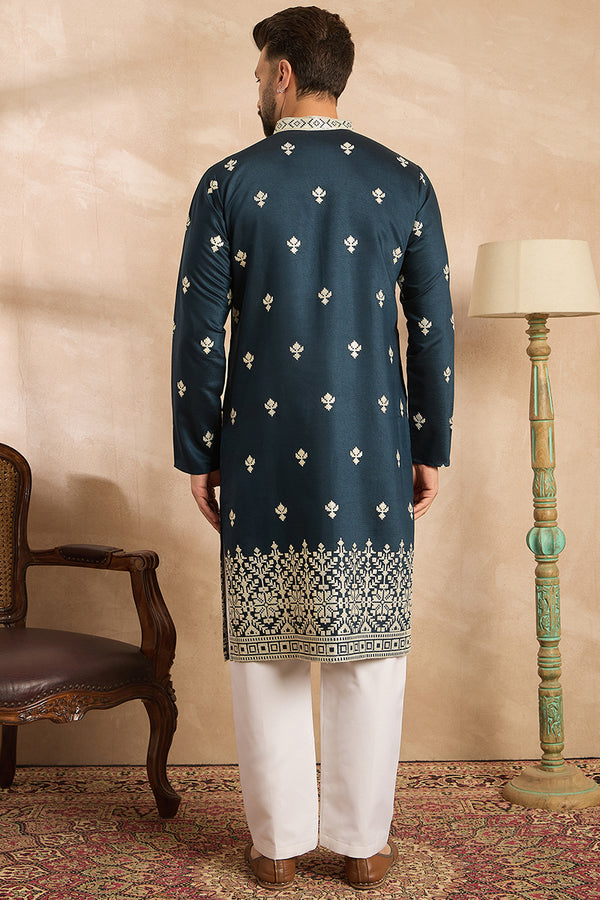 Navy Blue Polyester Solid Embroidered Straight Kurta With Trouser MKSET1810