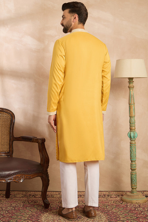 Yellow Silk Blend Solid Embroidered Straight Kurta With Trouser MKSET1691