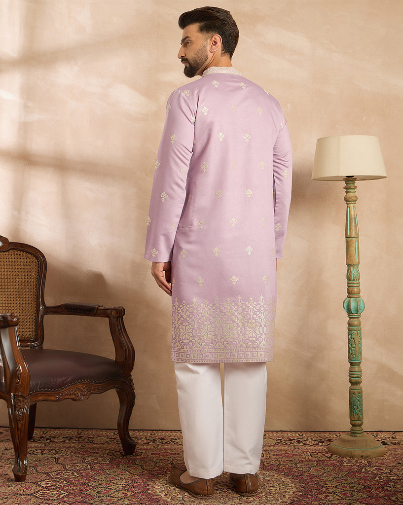 Lavender Polyester Solid Embroidered Straight Kurta With Trouser MKSET1753