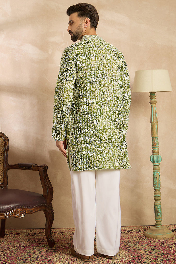 Green Viscose Rayon Batik Embroidered Straight Kurta MKU1717