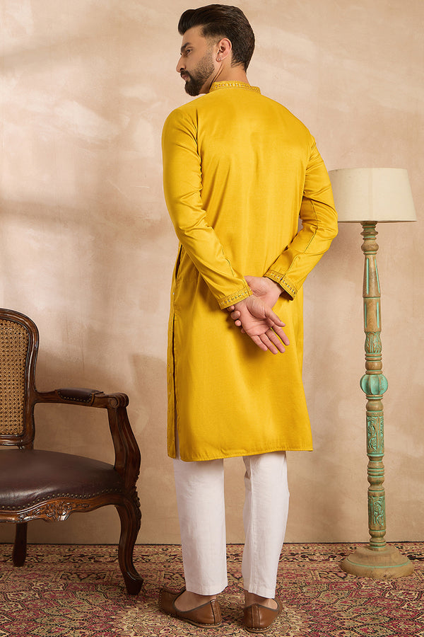 Yellow Silk Blend Geometric Embroidered Straight Kurta MKU1688