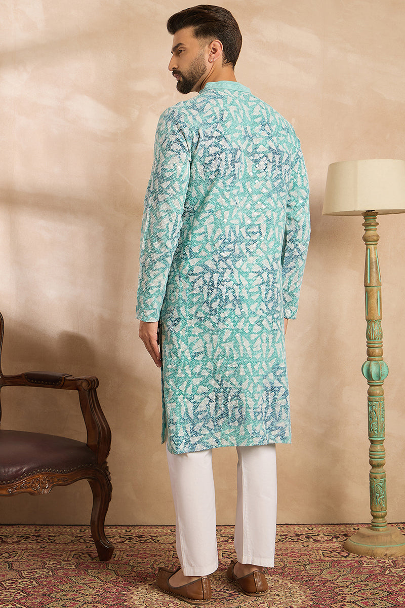 Teal Viscose Rayon Solid Printed Straight Kurta With Trouser MKSET1655