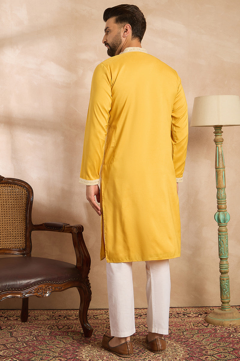 Yellow Silk Blend Geometric Embroidered Straight Kurta With Trouser MKSET1685