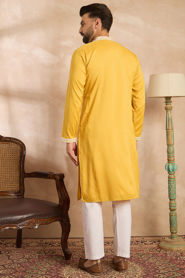 Yellow Silk Blend Geometric Embroidered Straight Kurta With Trouser MKSET1685