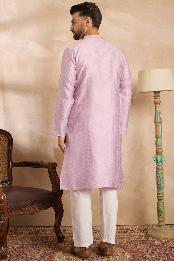 Lavender Polyester Solid Embroidered Straight Kurta With Trouser MKSET1736