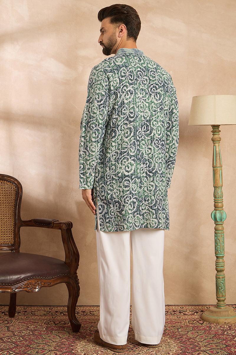 Green Viscose Rayon Batik Embroidered Straight Kurta With Trouser MKSET1718