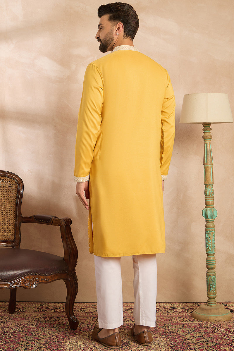 Yellow Silk Blend Solid Embroidered Straight Kurta MKU1691