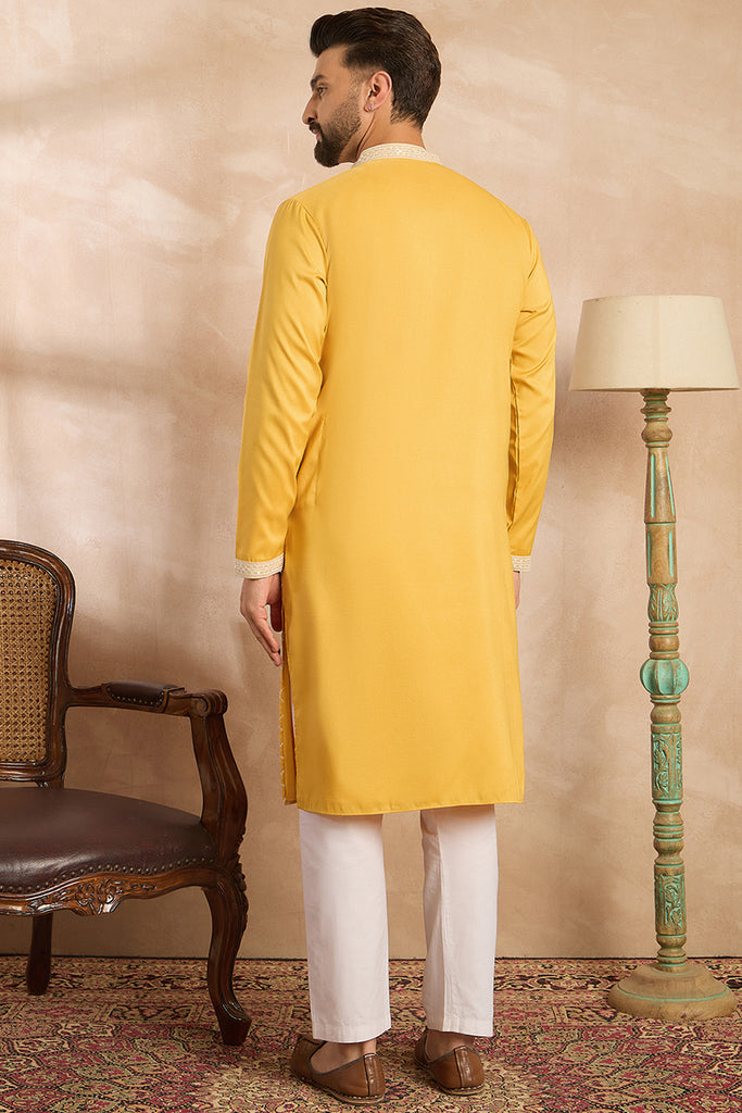 Yellow Silk Blend Solid Embroidered Straight Kurta MKU1691
