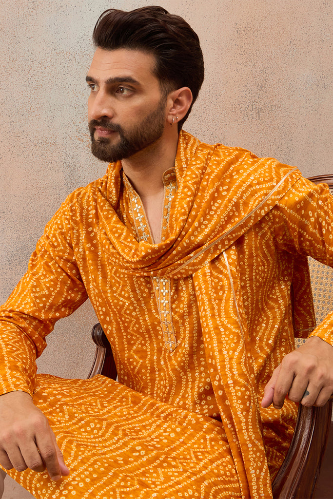 Rust Viscose Rayon Bandhani Printed Kurta&Dupatta With Trouser MKPD1079