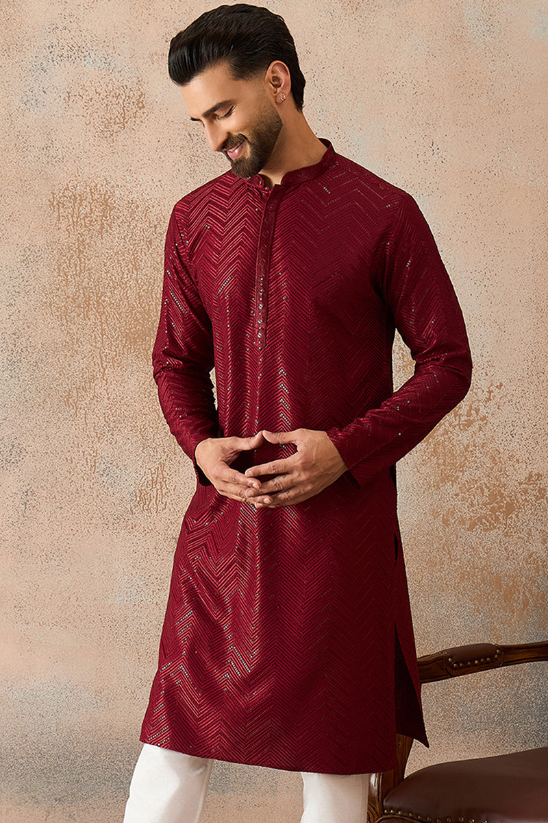 Maroon Rayon Embroidered Solid Straight Kurta With Trousers MKSET2188