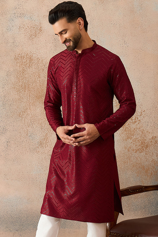 Maroon Rayon Embroidered Solid Straight Kurta With Trousers MKSET2188