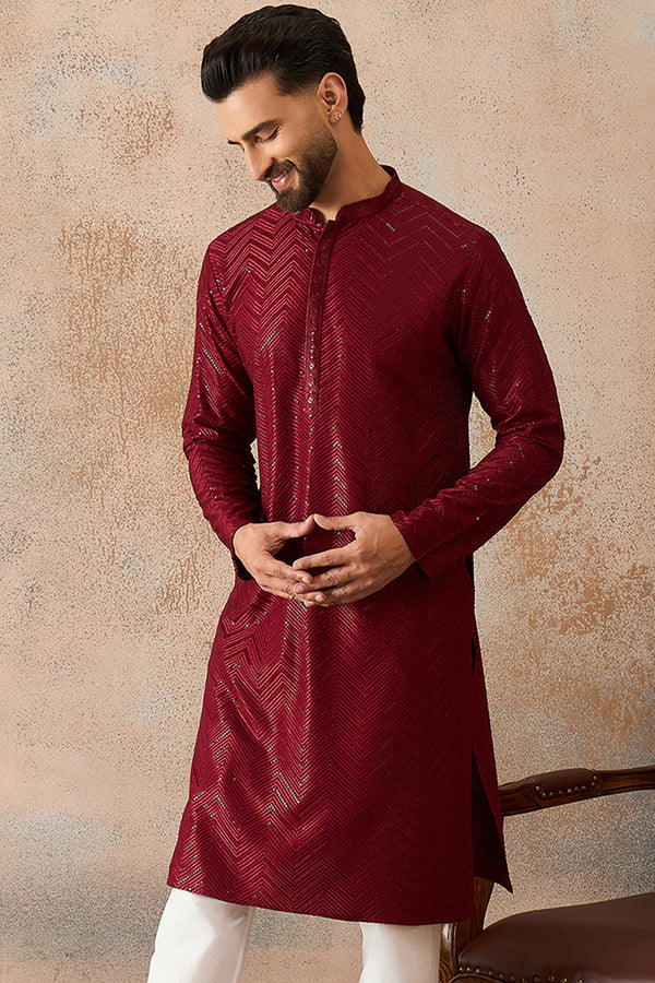 Maroon Rayon Embroidered Solid Straight Kurta With Trousers MKSET2188