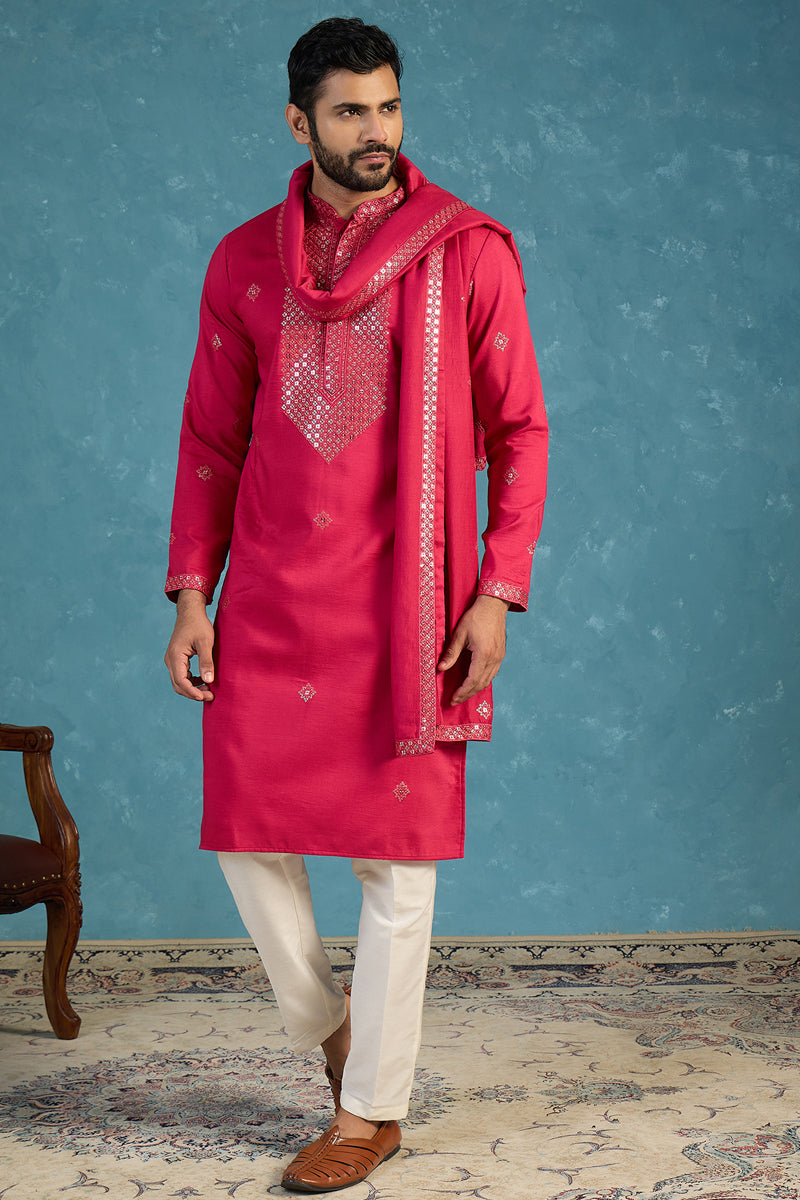 Pink Silk Blend Solid Embroidered Kurta With Dupatta MKUD1077