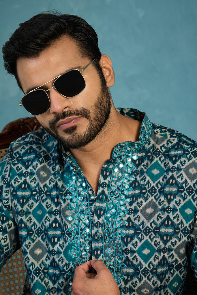 Sea Green Silk Blend Ethnic Motifs Ikat Printed Kurta MKU1893