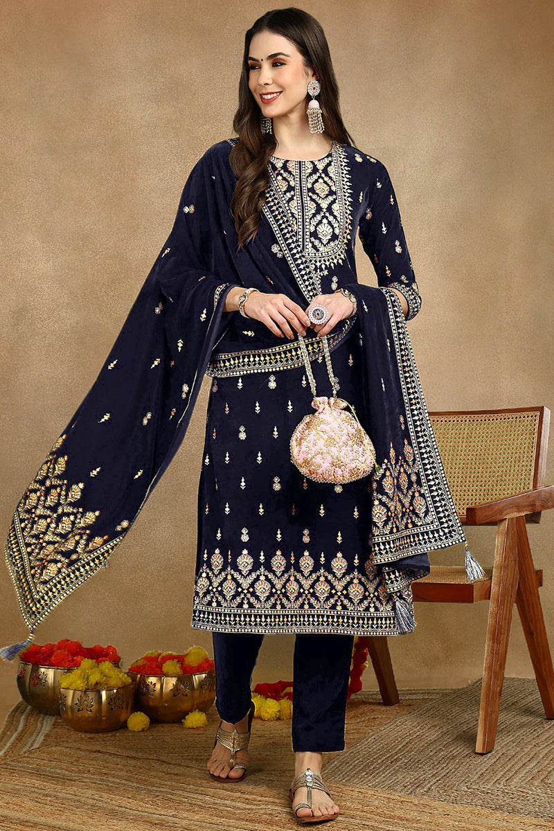 Navy Blue Velvet Ethnic Motifs Printed Straight Suit Set PKSKD2771