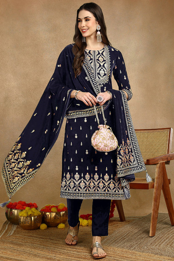 Navy Blue Velvet Ethnic Motifs Printed Straight Suit Set PKSKD2771