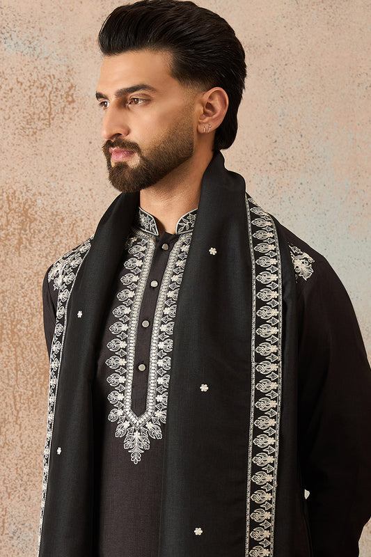 Black Silk Blend Solid Embroidered Kurta & Trouser With Dupatta MKPD1012