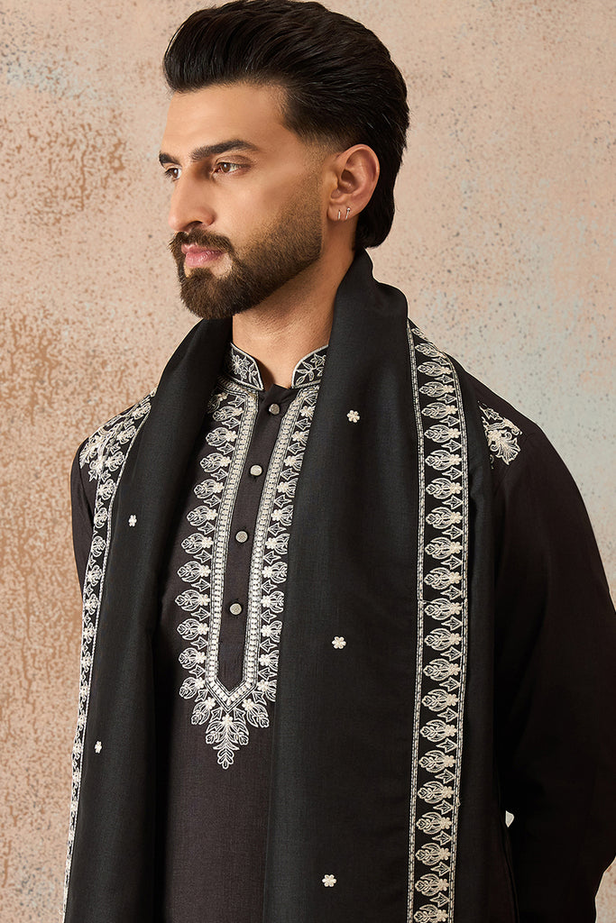 Black Silk Blend Solid Embroidered Kurta & Trouser With Dupatta MKPD1012