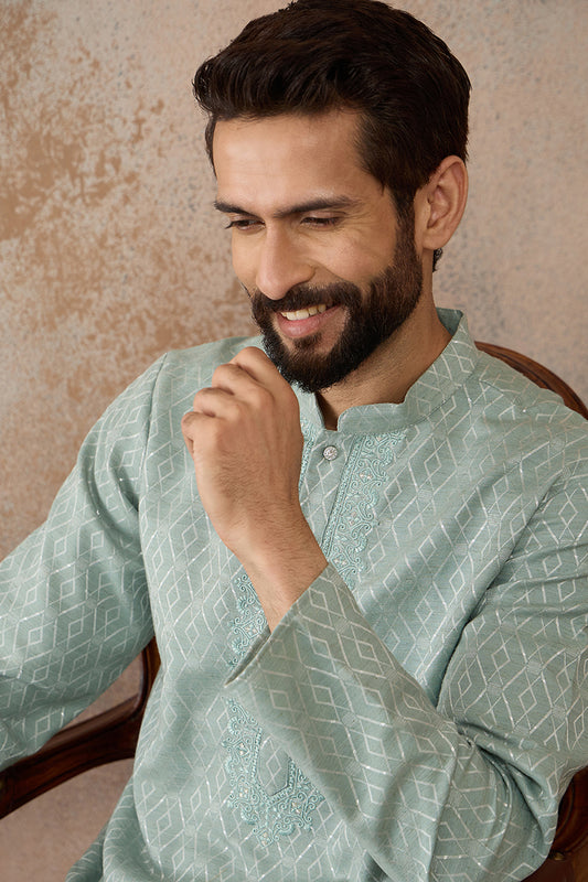 Green Linen Blend Geometric Woven Design Kurta With Trouser MKSET2365