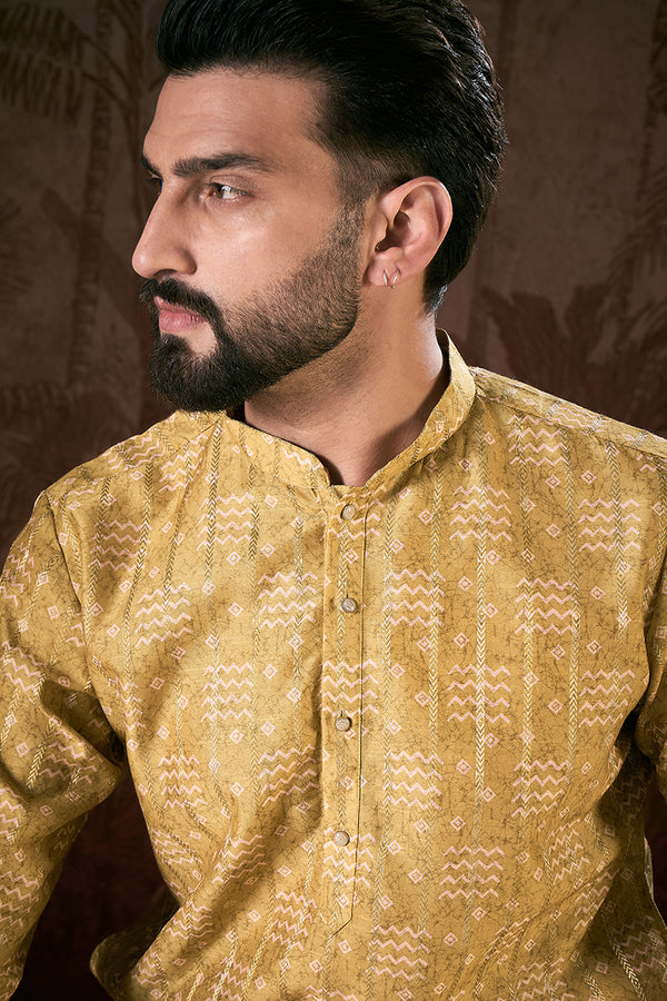Mustard Silk Blend Ethnic Motifs Printed Straight Kurta With Trouser MKSET1926