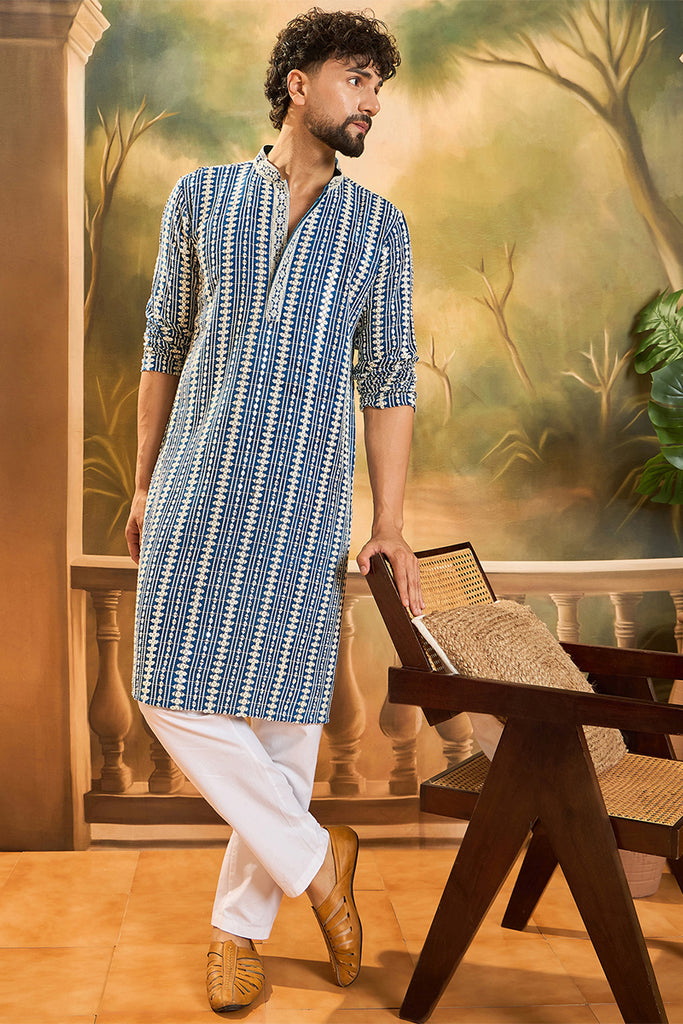 Blue Viscose Rayon Embroidered Straight Kurta MKU1412