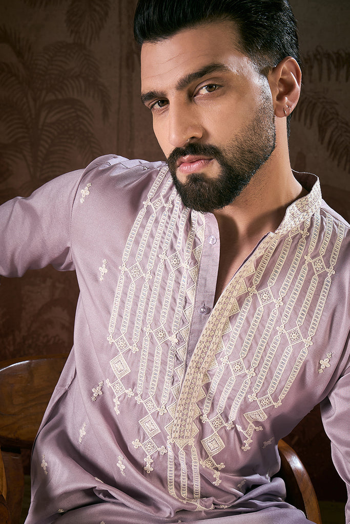 Lavender Silk Blend Solid Embroidered Straight Kurta MKU1880