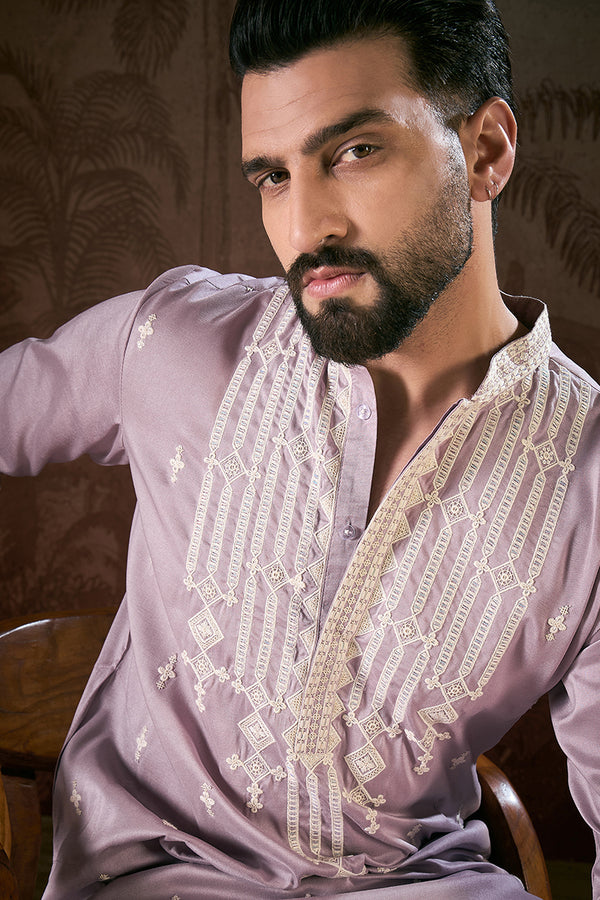 Lavender Silk Blend Solid Embroidered Straight Kurta MKU1880