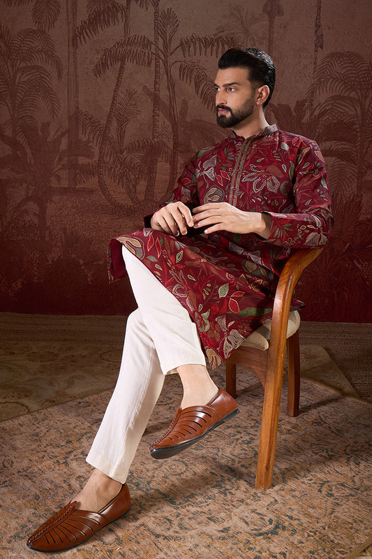 Maroon Silk Blend Floral Printed Straight Kurta MKU1963