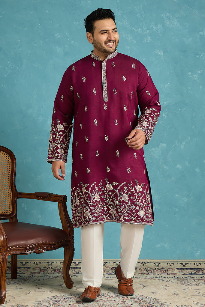 Purple Silk Blend Solid Thread Work Embroidered Kurta MKU1944
