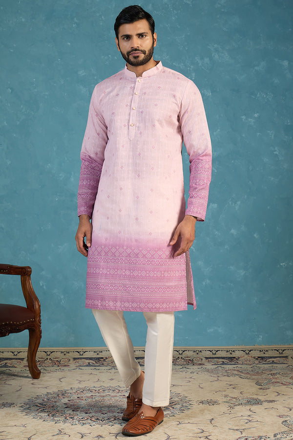 Pink Silk Blend Woven Design Calf Length Straight Regular Kurta MKU2347