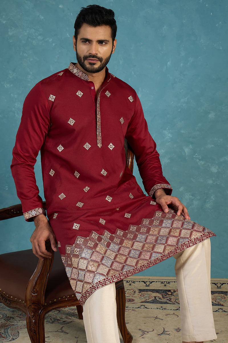 Silk Blend Maroon Solid Embroidered Calf Length Straight Kurta MKU2100