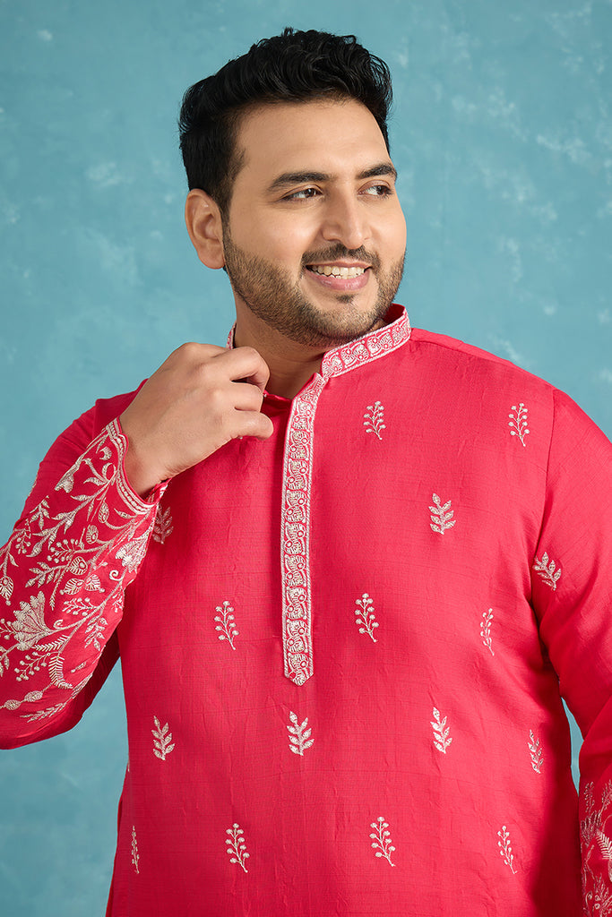 Pink Silk Blend Solid Thread Work Embroidered Kurta MKU1943