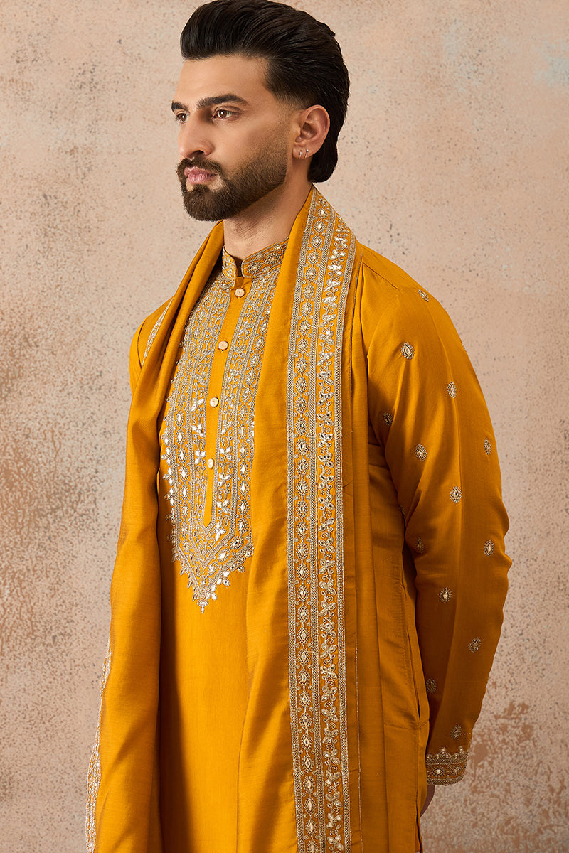 Mustard Silk Blend Solid Embroidered Kurta With Dupatta MKUD1029