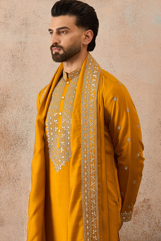 Mustard Silk Blend Solid Embroidered Kurta With Dupatta MKUD1029