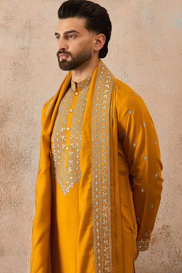Mustard Silk Blend Solid Embroidered Kurta With Dupatta MKUD1029